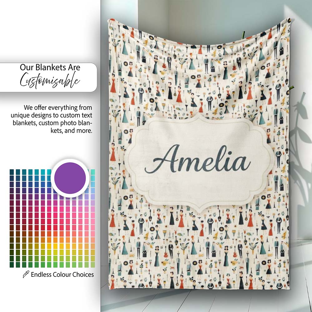 Retro Party People Music Fashion Pattern Seamless Name Cute Unique Personalised Custom Name Super Soft Fleece Blanket Bed Sofa Throw