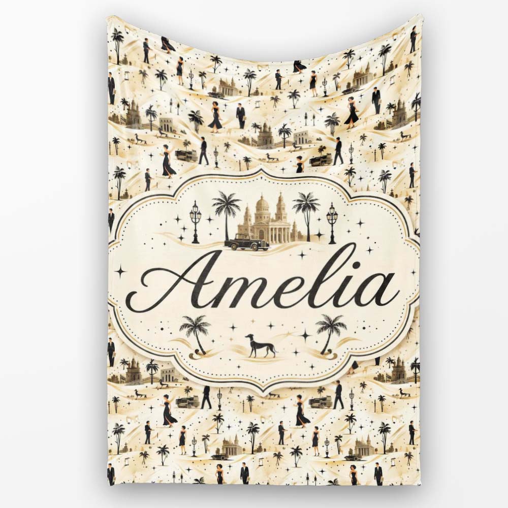 Vintage Desert Scene Couples and Landmarks Pattern Seamless Name Personalised Custom Name Super Soft Fleece Blanket Bed Sofa Throw