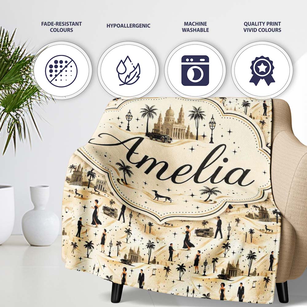 Vintage Desert Scene Couples and Landmarks Pattern Seamless Name Personalised Custom Name Super Soft Fleece Blanket Bed Sofa Throw