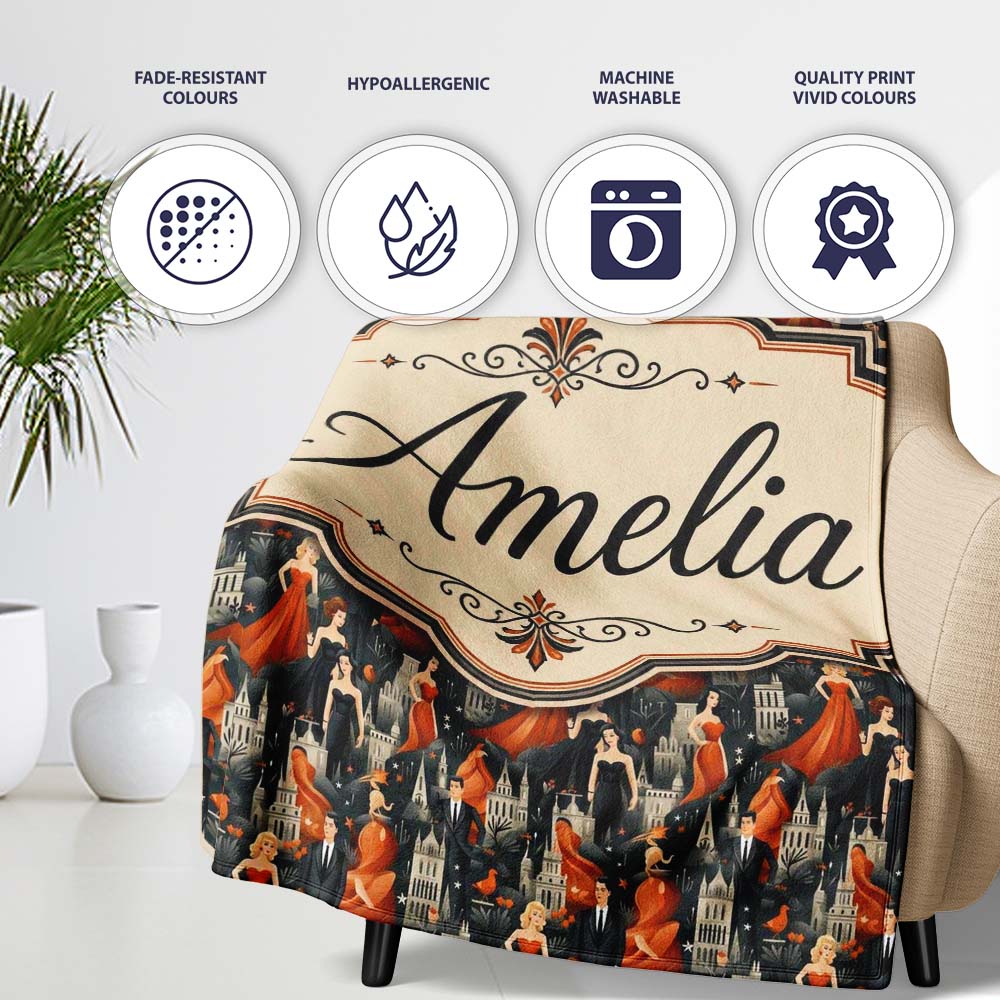 Elegant Vintage Evening Couples Cityscape Seamless Pattern Name Cute Personalised Custom Name Super Soft Fleece Blanket Bed Sofa Throw