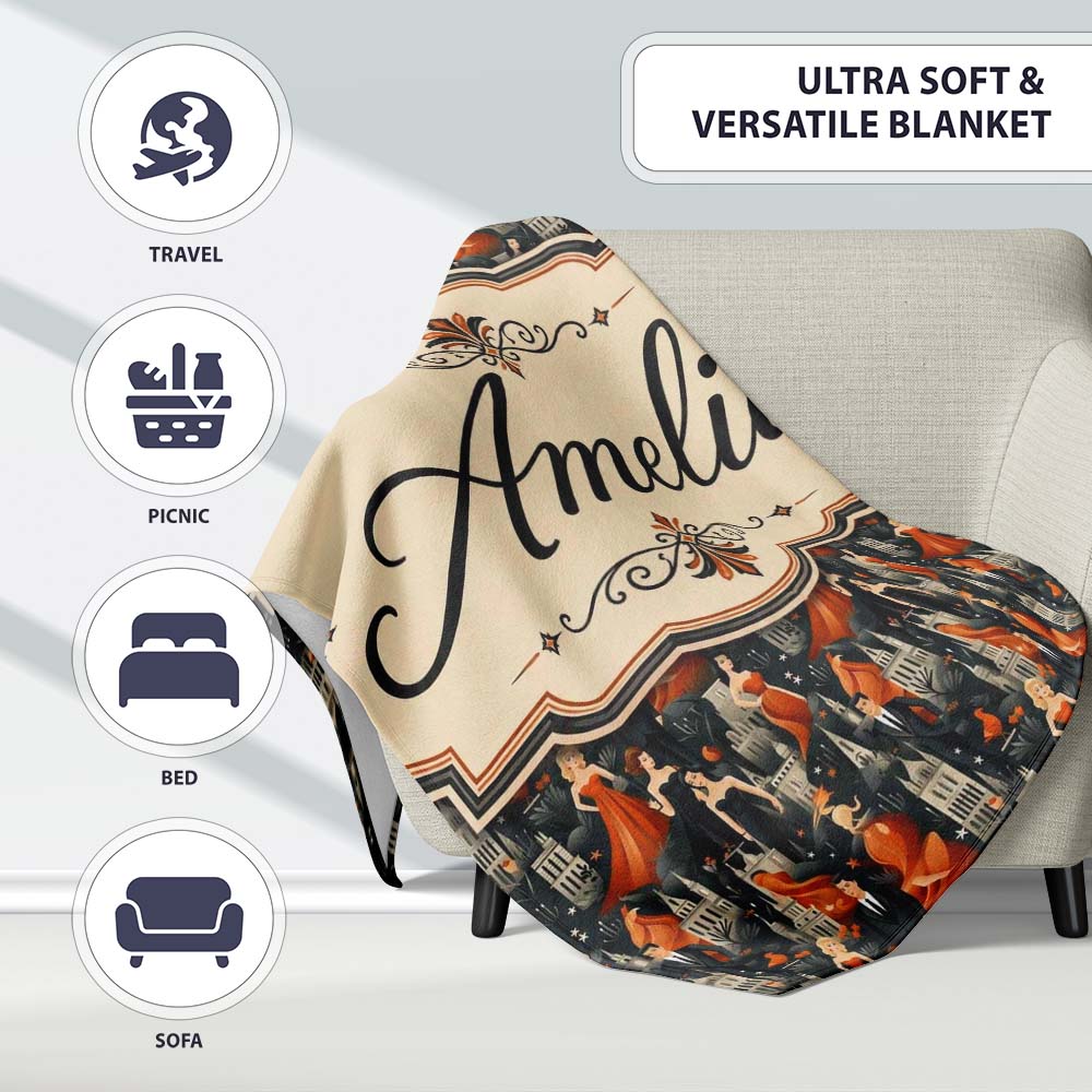 Elegant Vintage Evening Couples Cityscape Seamless Pattern Name Cute Personalised Custom Name Super Soft Fleece Blanket Bed Sofa Throw