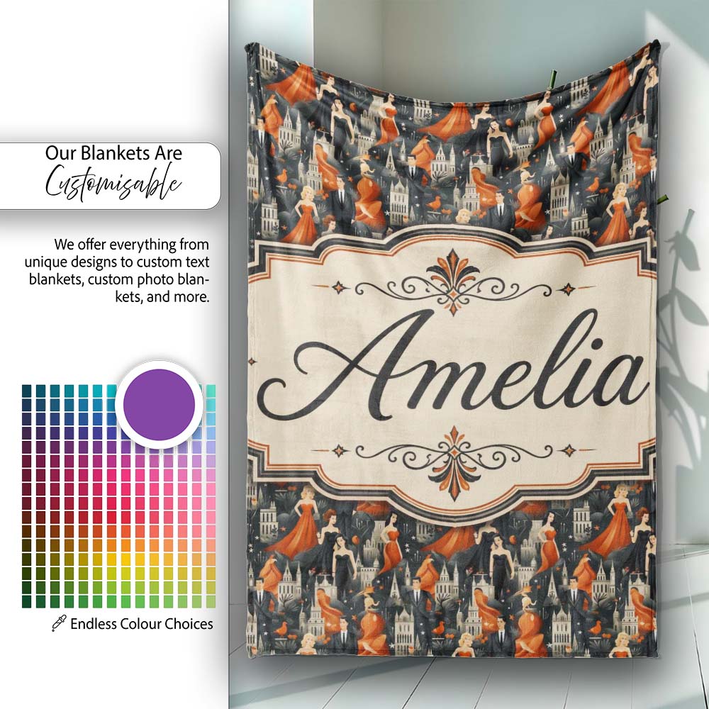 Elegant Vintage Evening Couples Cityscape Seamless Pattern Name Cute Personalised Custom Name Super Soft Fleece Blanket Bed Sofa Throw