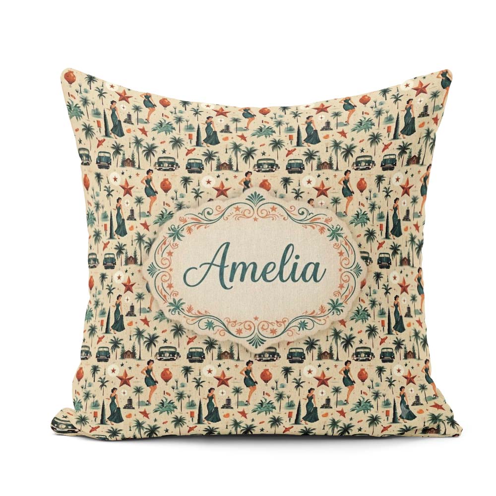 Custom Name Retro Mid Century Fashion Cars and Palm Pattern Name Square Filled Cushion Throw Pillow Sofa Bed Home Decor Zip Washable UK Made