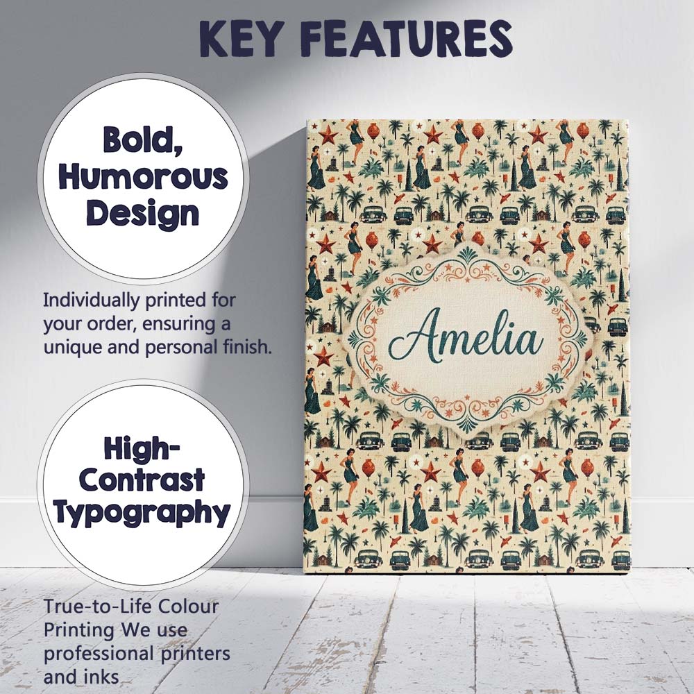 Personalised Name Retro Mid Century Fashion Custom Bespoke Interior Contemporary Canvas Wall Art Print Decor Picture Ready to Hang