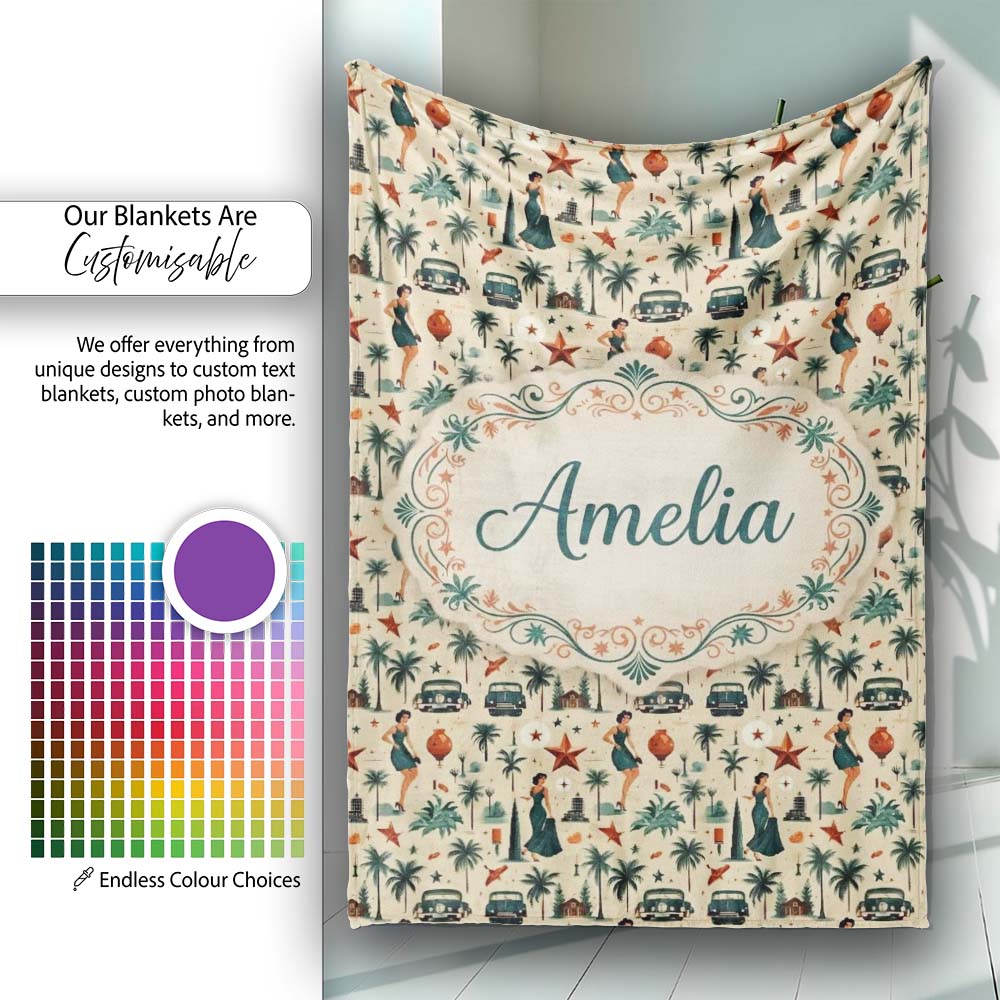 Retro Mid Century Fashion Cars and Palm Trees Seamless Pattern Name Personalised Custom Name Super Soft Fleece Blanket Bed Sofa Throw