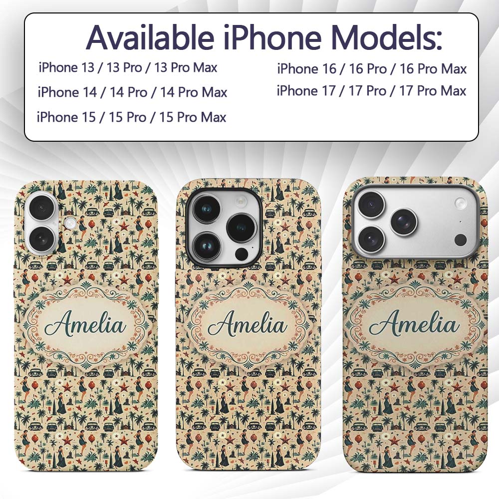Retro Mid Century Fashion Cars and Palm Trees Custom Name Protective Phone Case Mobile Cover Durable Everyday Smartphone Shock Resistant