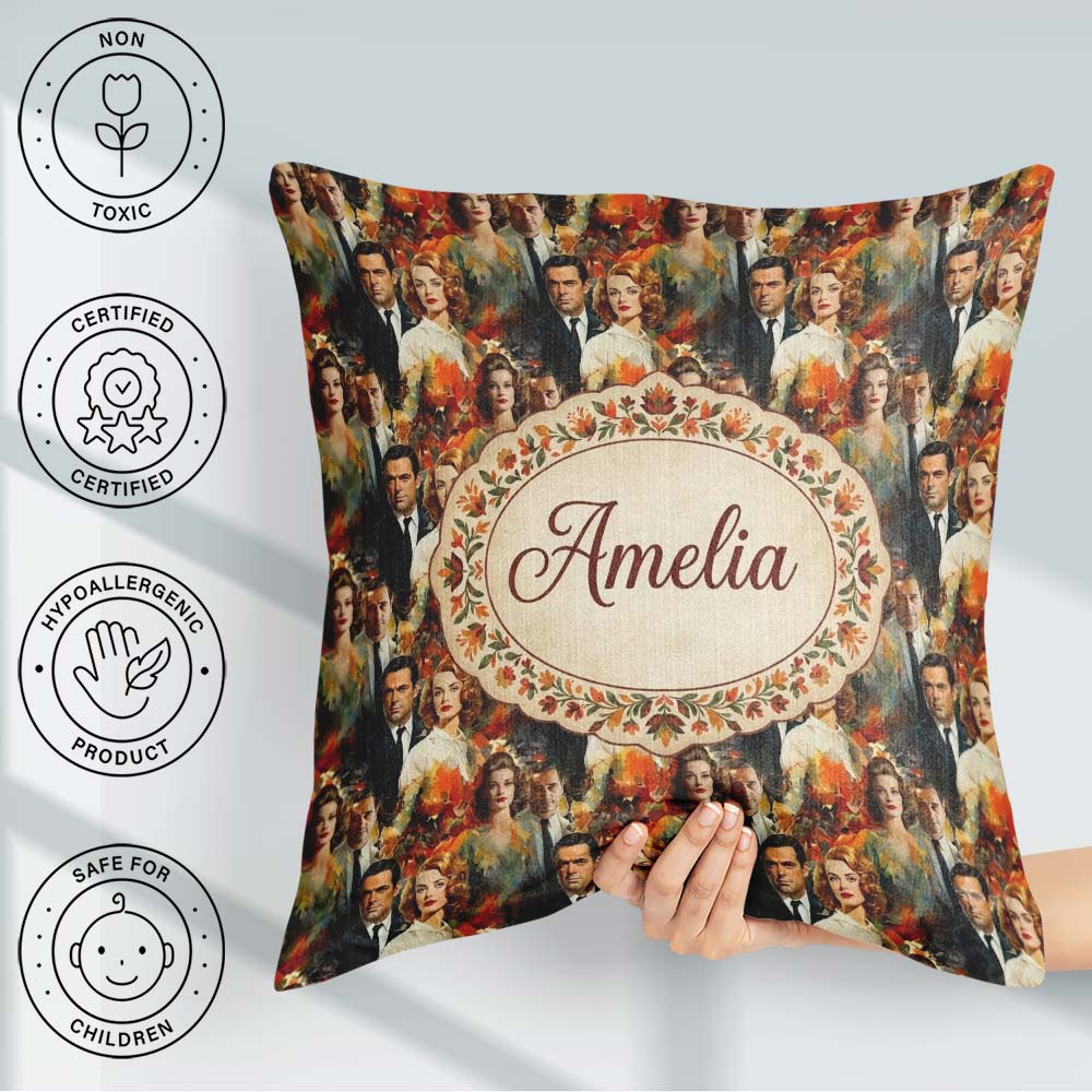 Custom Name Classic Hollywood Glamour Portraits Artistic Pattern Square Filled Cushion Throw Pillow Sofa Bed Home Decor Zip Washable UK Made