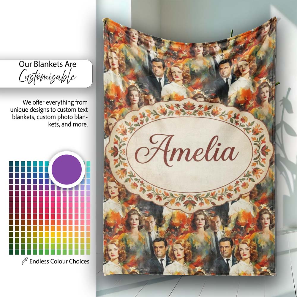 Classic Hollywood Glamour Portraits Artistic Seamless Pattern Name Personalised Custom Name Super Soft Fleece Blanket Bed Sofa Throw