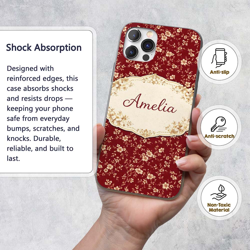 Red Floral Seamless Pattern Cute Printed Design Custom Name Protective Phone Case Mobile Cover Durable Everyday Smartphone Shock Resistant
