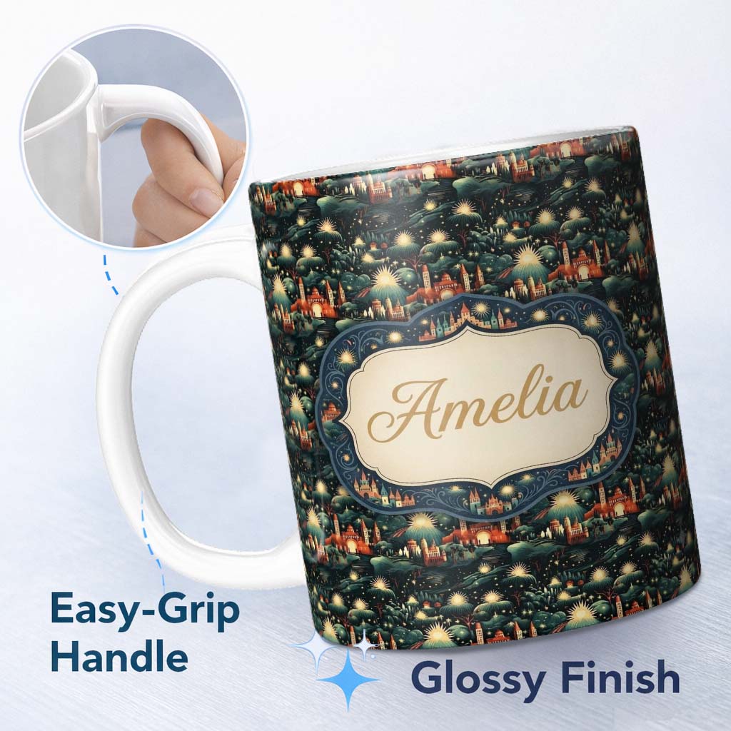 Personalized Custom Name Magical Night Cityscape with Stars and Hills Seamless Pattern Name 11oz Ceramic Coffee Tea Mug White Large Handle