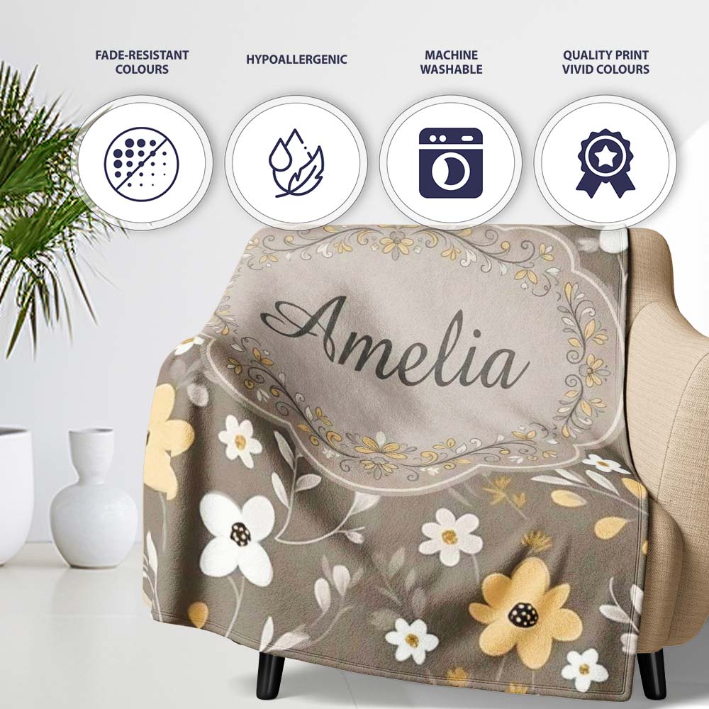 Soft Neutral Floral Botanical Seamless Pattern Name Cute Unique Gift Personalised Custom Name Super Soft Fleece Blanket Bed Sofa Throw