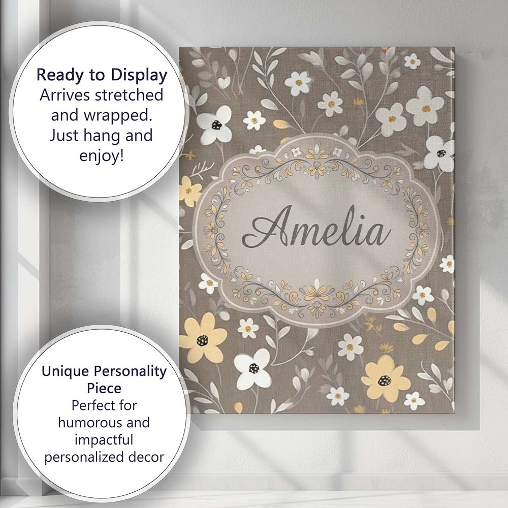 Personalised Name Soft Neutral Floral Custom Modern Room Accent Creative Decorator Style Canvas Wall Art Print Decor Picture Ready to Hang