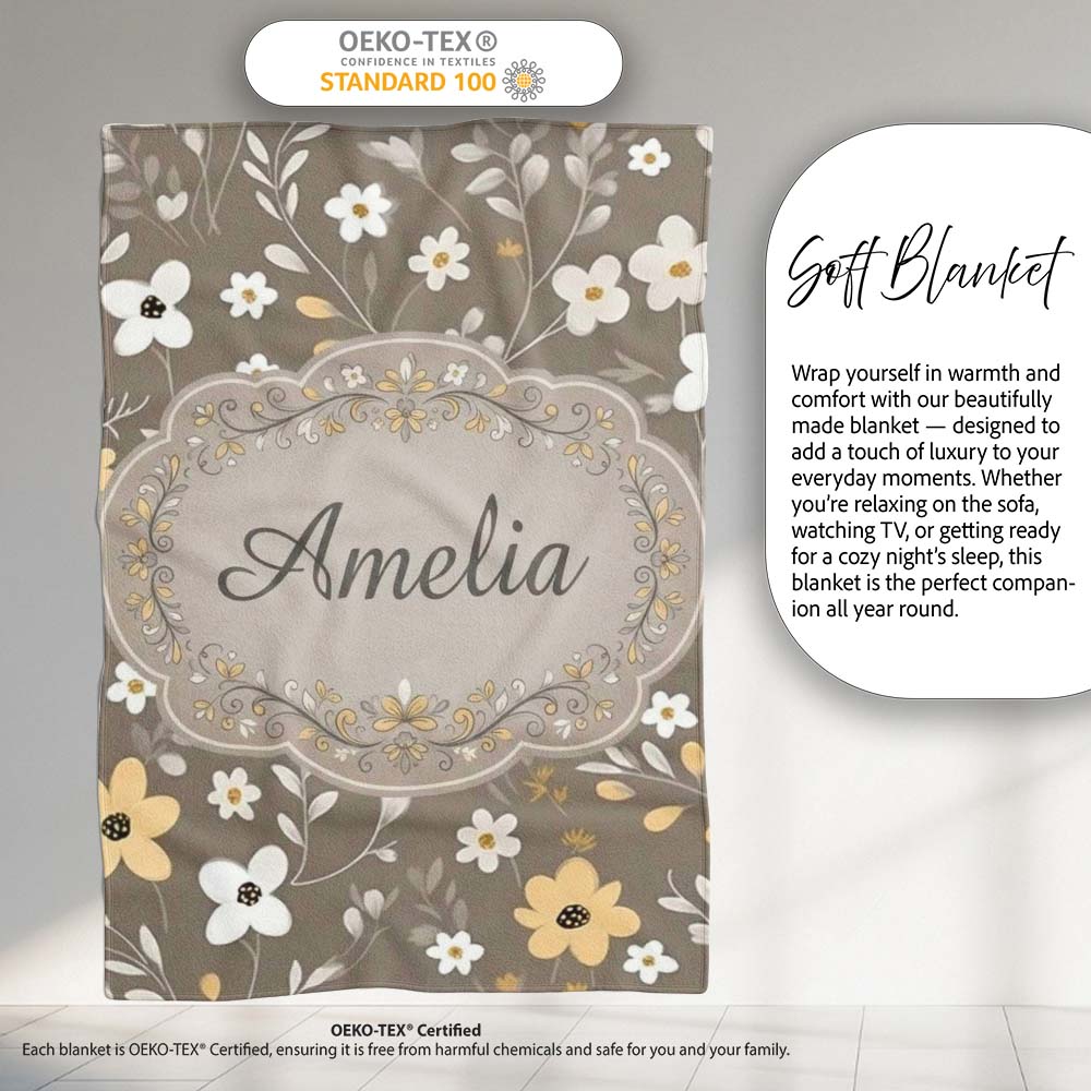 Soft Neutral Floral Botanical Seamless Pattern Name Cute Unique Gift Personalised Custom Name Super Soft Fleece Blanket Bed Sofa Throw