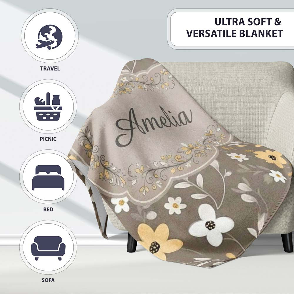 Soft Neutral Floral Botanical Seamless Pattern Name Cute Unique Gift Personalised Custom Name Super Soft Fleece Blanket Bed Sofa Throw