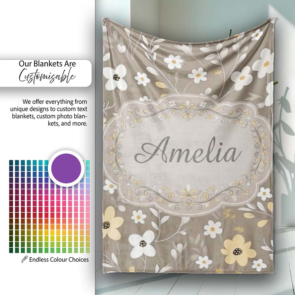 Soft Neutral Floral Botanical Seamless Pattern Name Cute Unique Gift Personalised Custom Name Super Soft Fleece Blanket Bed Sofa Throw