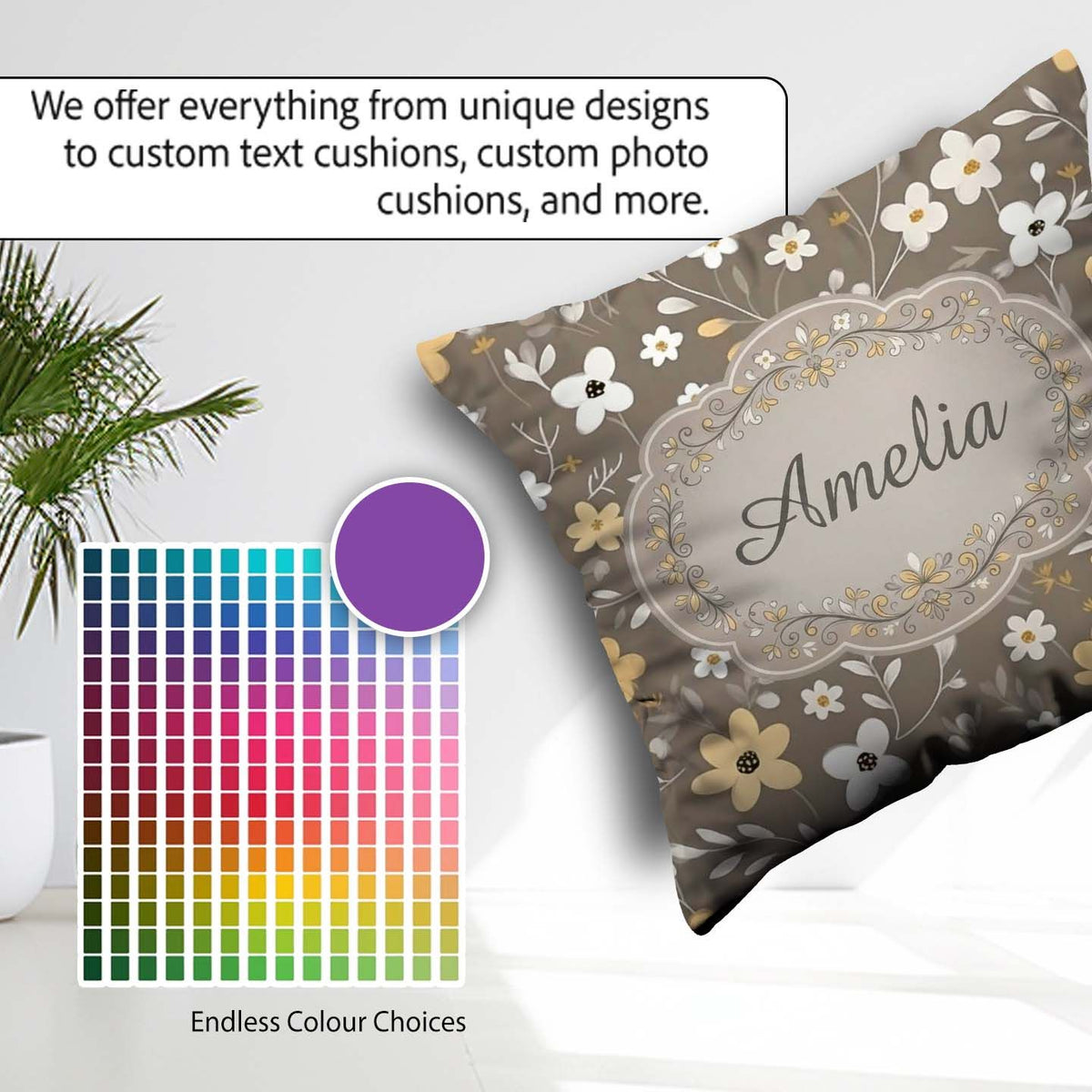Custom Name Soft Neutral Floral Botanical Seamless Pattern Name Square Filled Cushion Throw Pillow Sofa Bed Home Decor Zip Washable UK Made