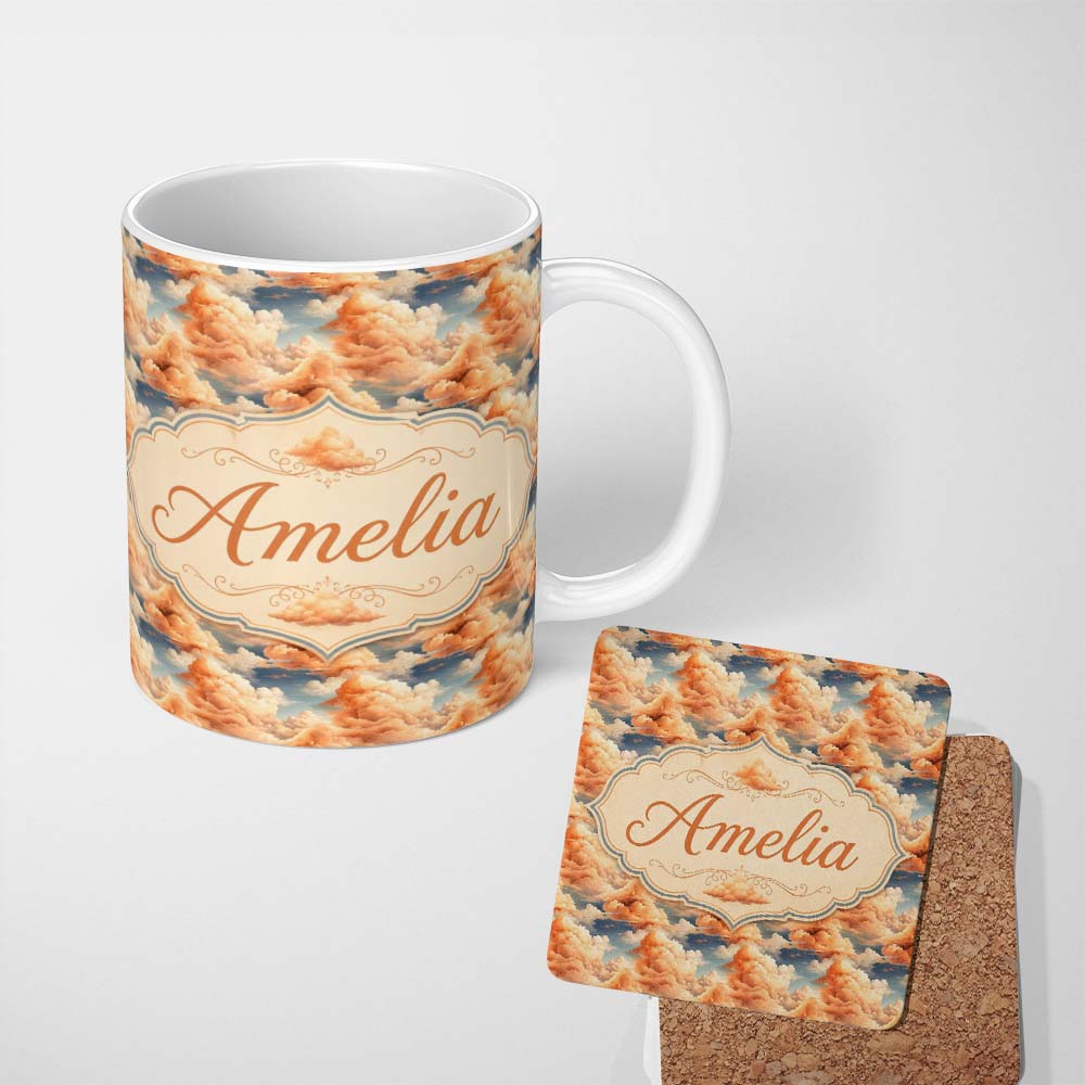 Personalized Custom Name Dreamy Warm Sunset Clouds Sky Seamless Pattern Name Cute Unique Gift 11oz Ceramic Coffee Tea Mug White Large Handle