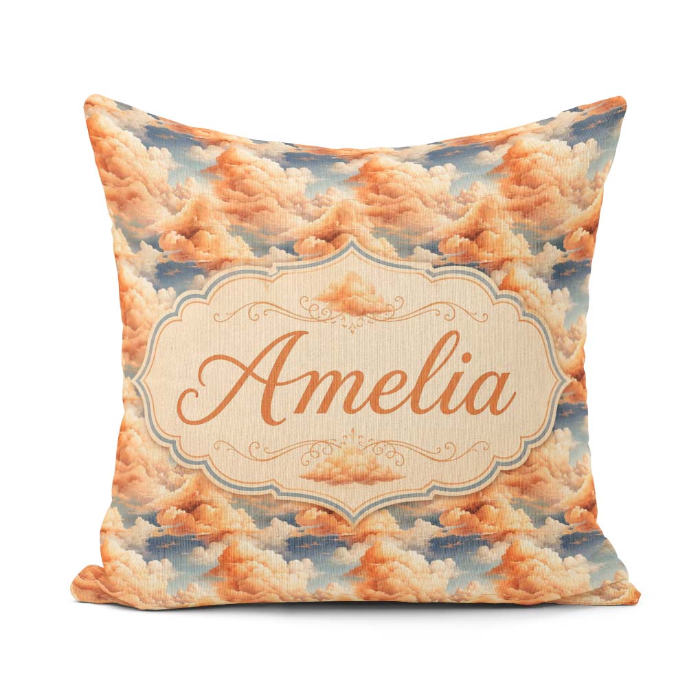 Custom Name Dreamy Warm Sunset Clouds Sky Seamless Pattern Name Square Filled Cushion Throw Pillow Sofa Bed Home Decor Zip Washable UK Made