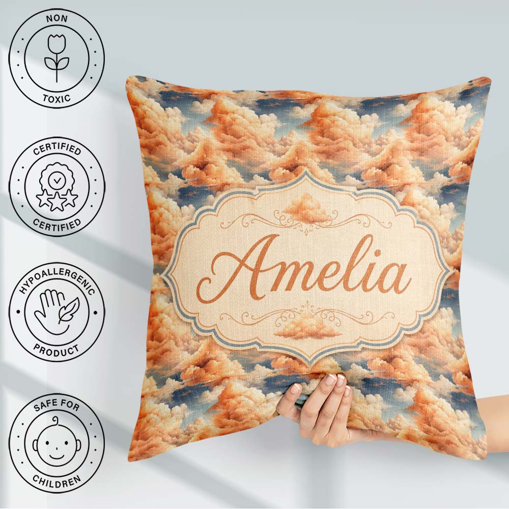 Custom Name Dreamy Warm Sunset Clouds Sky Seamless Pattern Name Square Filled Cushion Throw Pillow Sofa Bed Home Decor Zip Washable UK Made