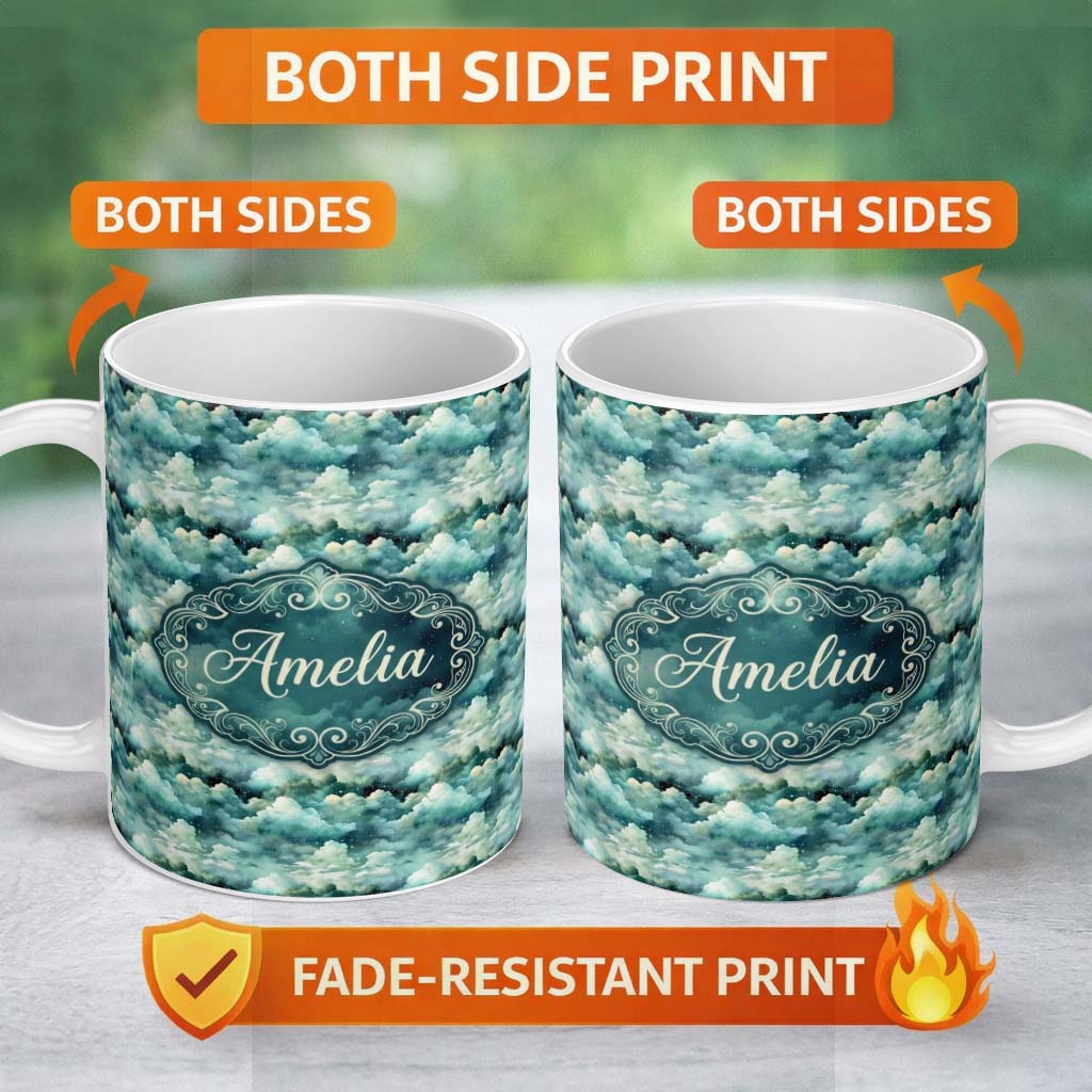 Personalized Custom Name Mystical Blue Green Clouds Night Sky Seamless Pattern Name Cute 11oz Ceramic Coffee Tea Mug White Large Handle