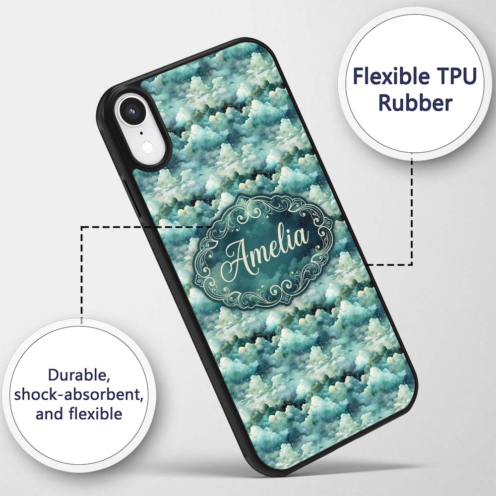 Mystical Blue Green Clouds Night Sky Seamless Custom Name Protective Phone Case Mobile Cover Durable Everyday Smartphone Shock Resistant