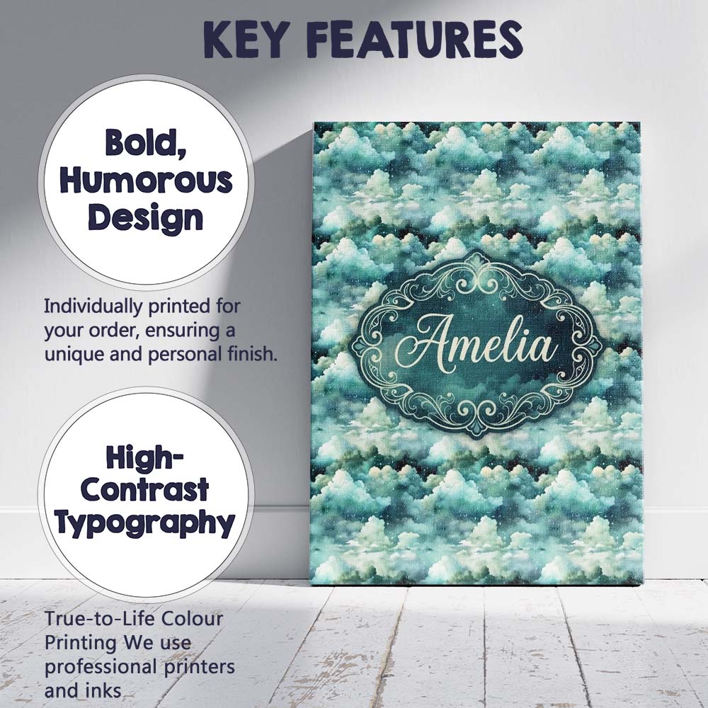 Personalised Name Mystical Blue Green Custom Modern Room Accent Creative Decorator Style Canvas Wall Art Print Decor Picture Ready to Hang