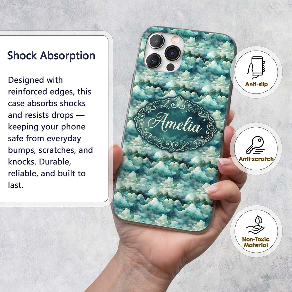Mystical Blue Green Clouds Night Sky Seamless Custom Name Protective Phone Case Mobile Cover Durable Everyday Smartphone Shock Resistant
