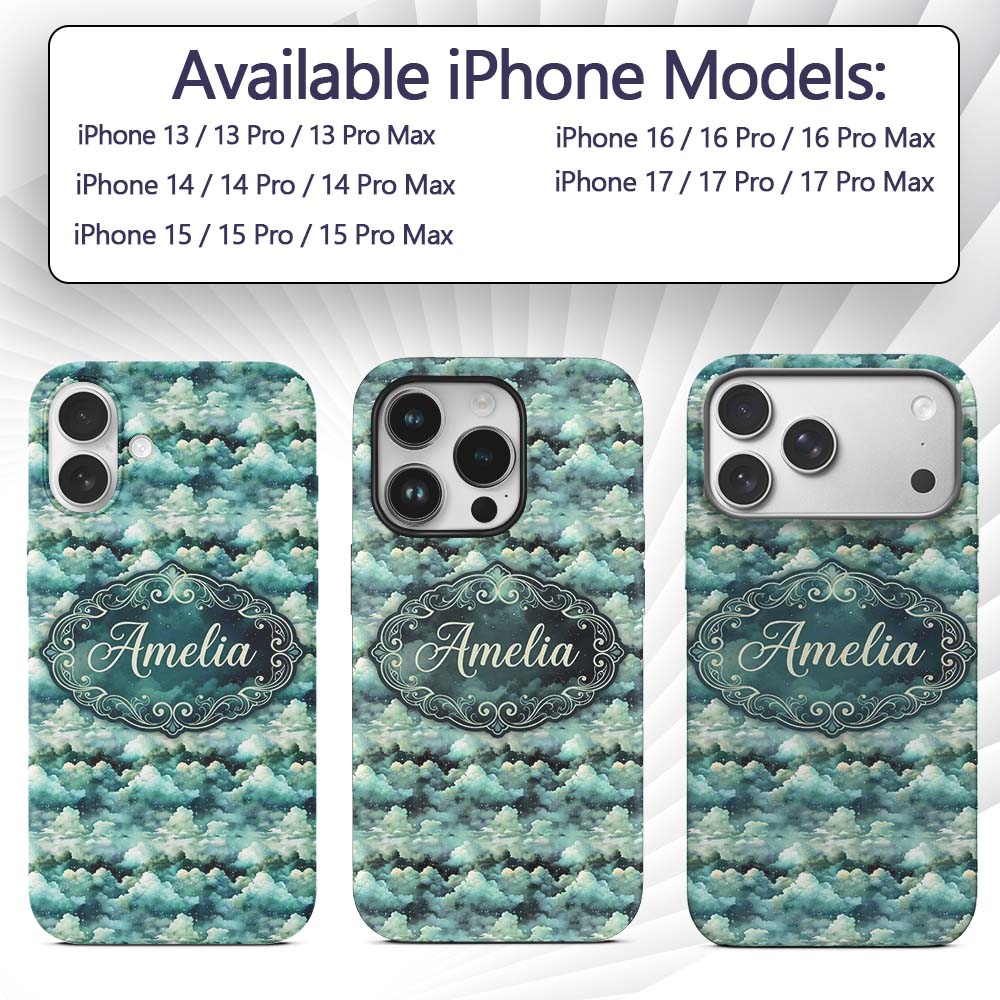 Mystical Blue Green Clouds Night Sky Seamless Custom Name Protective Phone Case Mobile Cover Durable Everyday Smartphone Shock Resistant
