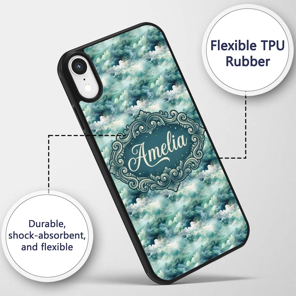 Soft Teal Dreamy Clouds Sky Seamless Pattern Name Custom Name Protective Phone Case Mobile Cover Durable Everyday Smartphone Shock Resistant