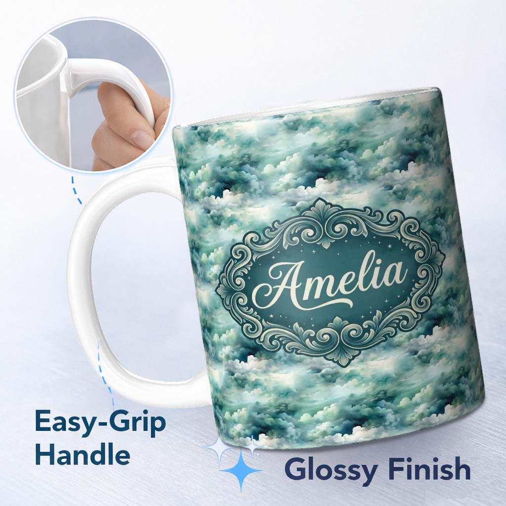 Personalized Custom Name Soft Teal Dreamy Clouds Sky Seamless Pattern Name Cute Unique Gift 11oz Ceramic Coffee Tea Mug White Large Handle