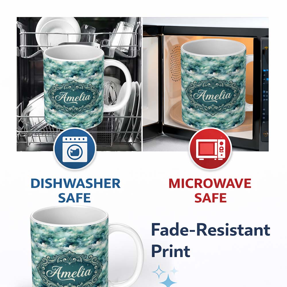 Personalized Custom Name Soft Teal Dreamy Clouds Sky Seamless Pattern Name Cute Unique Gift 11oz Ceramic Coffee Tea Mug White Large Handle
