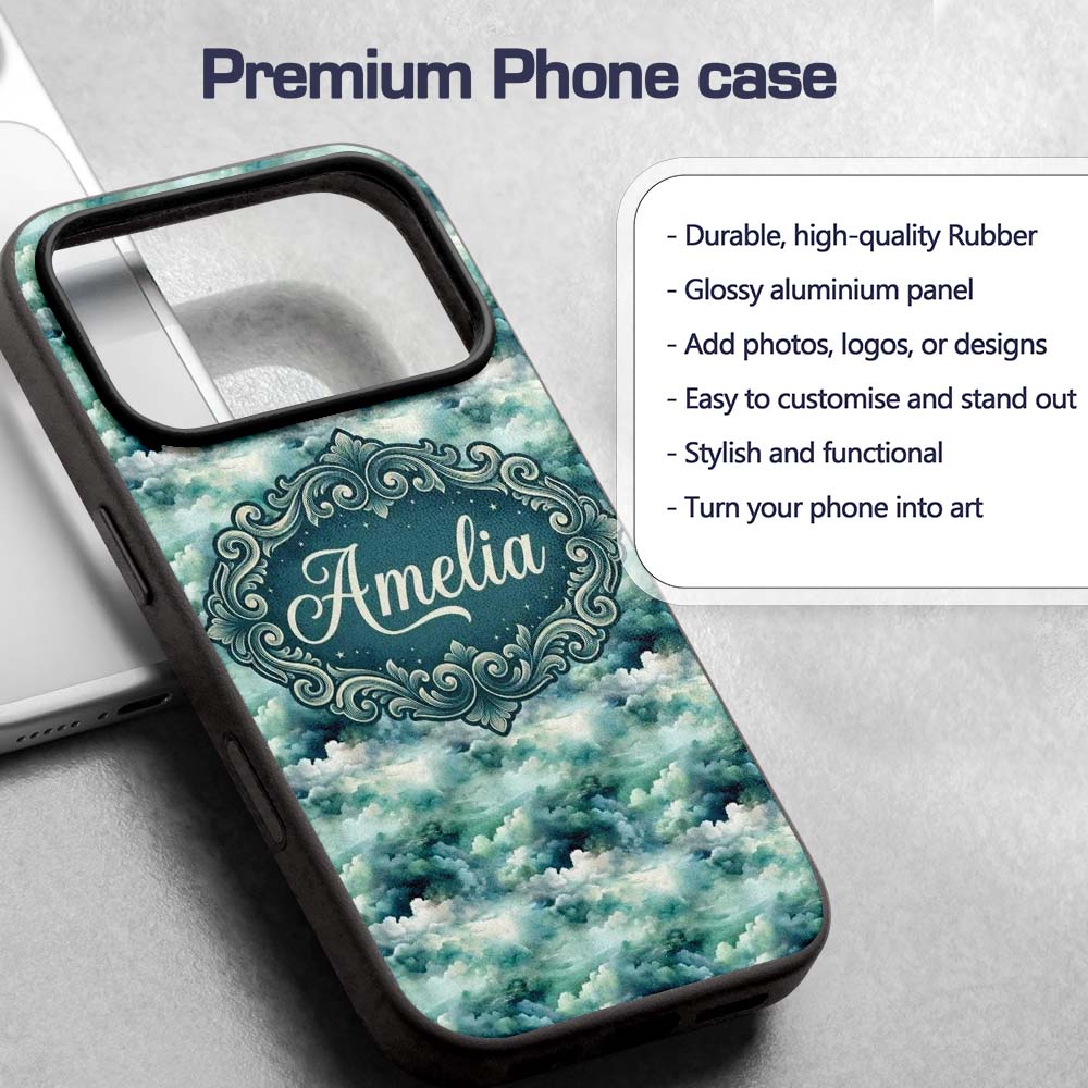 Soft Teal Dreamy Clouds Sky Seamless Pattern Name Custom Name Protective Phone Case Mobile Cover Durable Everyday Smartphone Shock Resistant