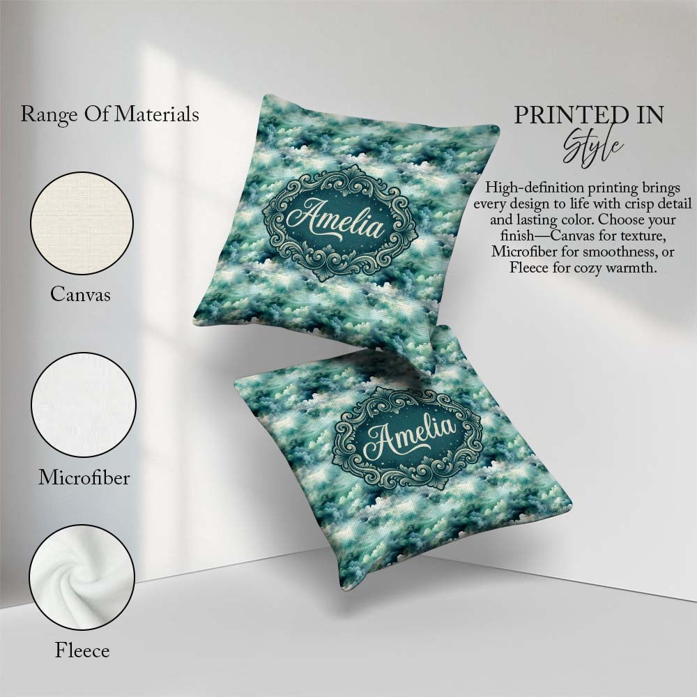 Custom Name Soft Teal Dreamy Clouds Sky Seamless Pattern Name Square Filled Cushion Throw Pillow Sofa Bed Home Decor Zip Washable UK Made