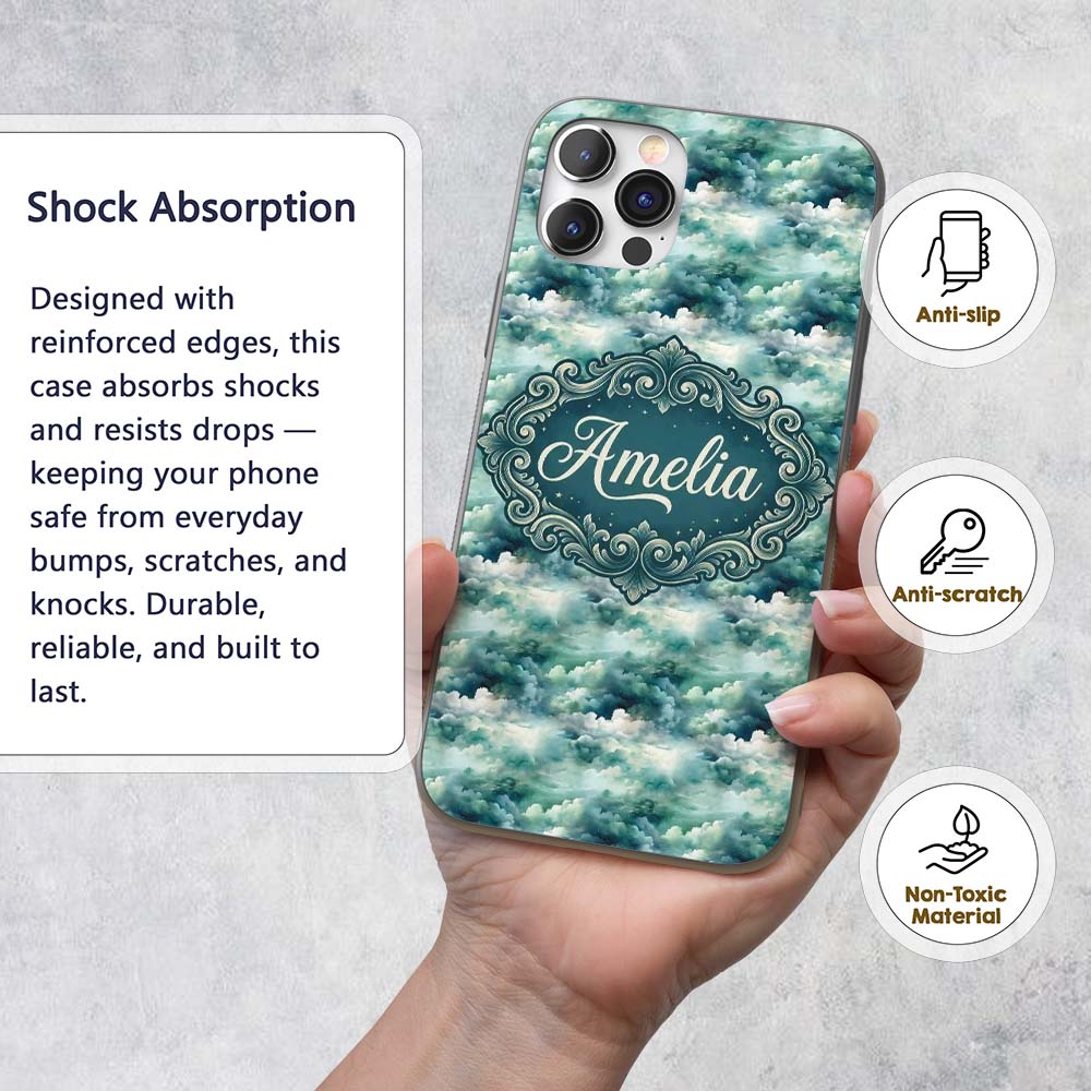 Soft Teal Dreamy Clouds Sky Seamless Pattern Name Custom Name Protective Phone Case Mobile Cover Durable Everyday Smartphone Shock Resistant