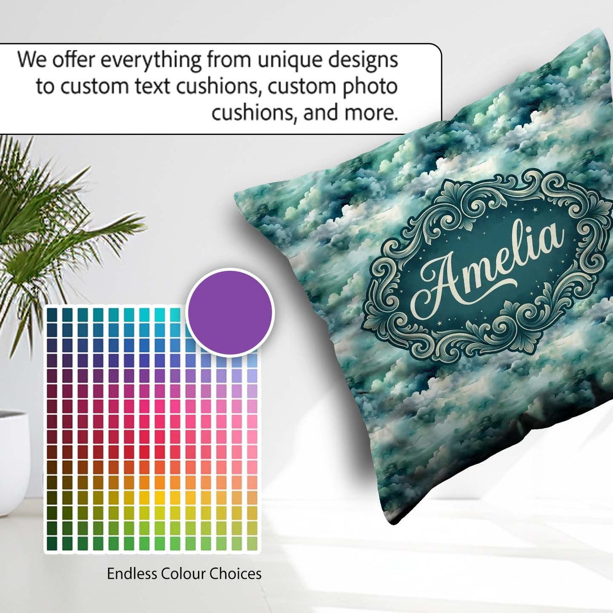 Custom Name Soft Teal Dreamy Clouds Sky Seamless Pattern Name Square Filled Cushion Throw Pillow Sofa Bed Home Decor Zip Washable UK Made