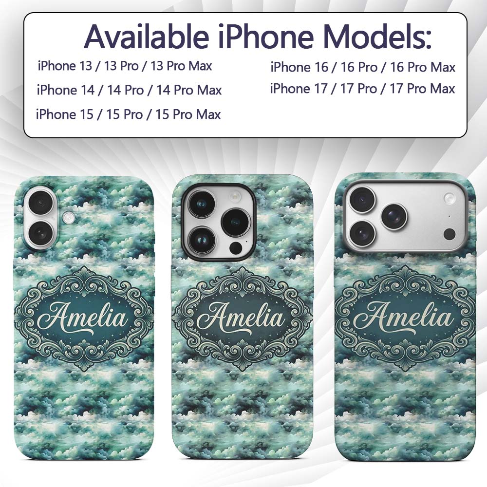 Soft Teal Dreamy Clouds Sky Seamless Pattern Name Custom Name Protective Phone Case Mobile Cover Durable Everyday Smartphone Shock Resistant