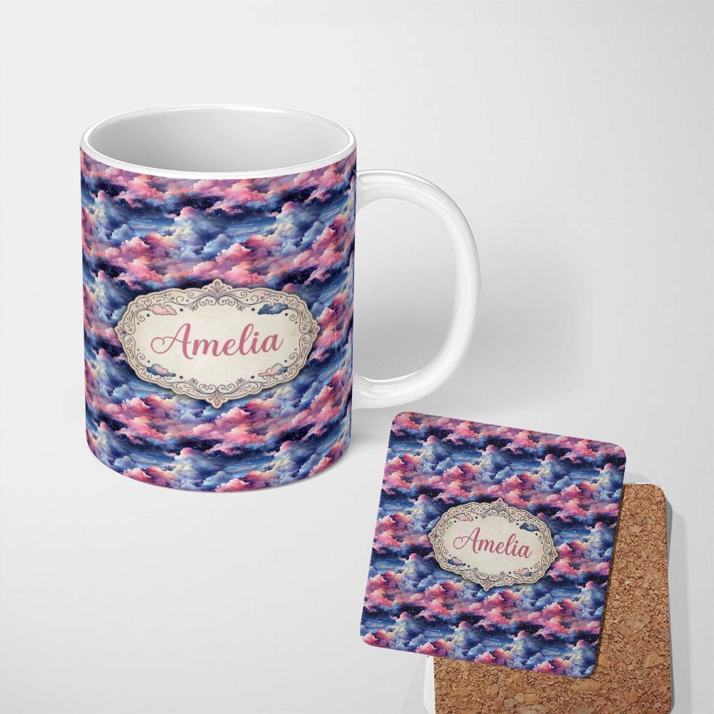 Personalized Custom Name Pink Blue Fantasy Night Clouds Sky Seamless Pattern Name Cute 11oz Ceramic Coffee Tea Mug White Large Handle