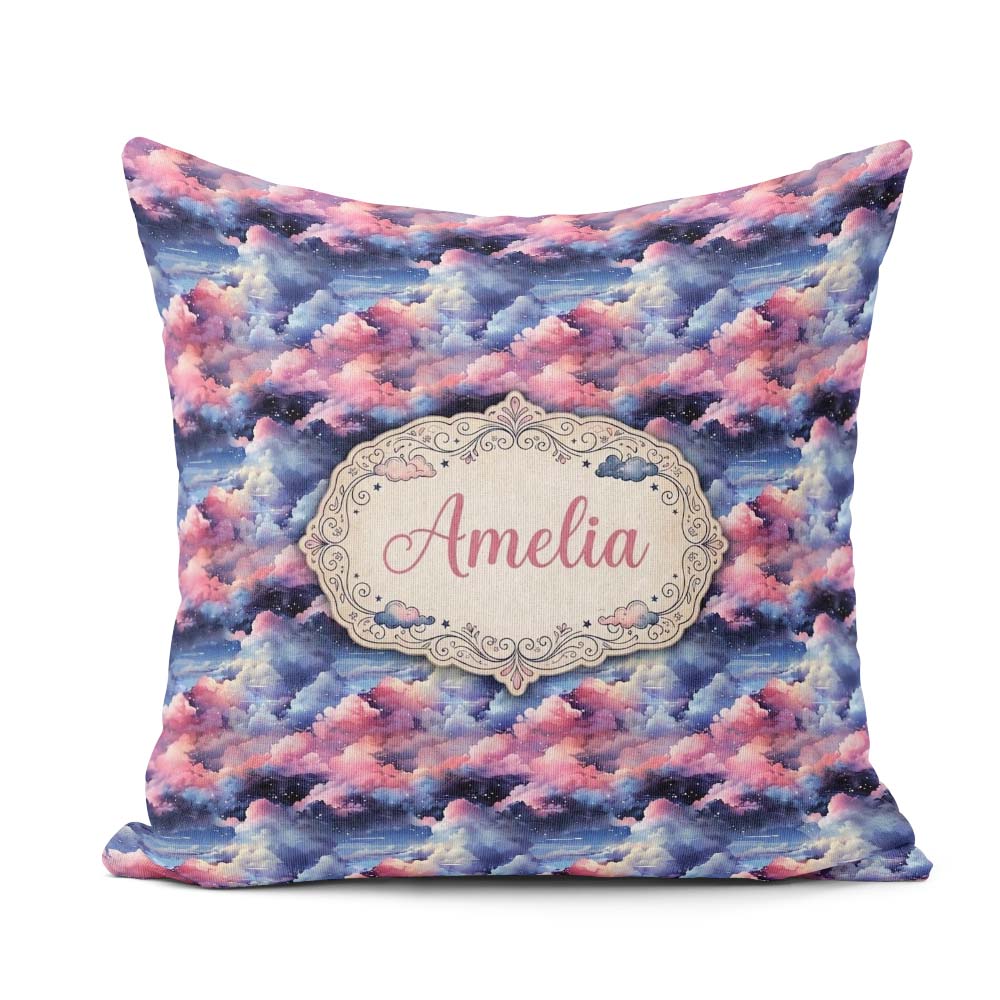 Custom Name Pink Blue Fantasy Night Clouds Sky Pattern Name Cute Square Filled Cushion Throw Pillow Sofa Bed Home Decor Zip Washable UK Made