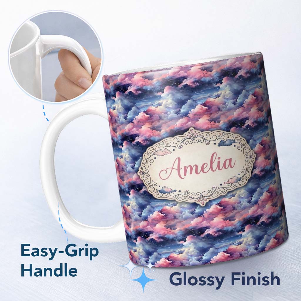Personalized Custom Name Pink Blue Fantasy Night Clouds Sky Seamless Pattern Name Cute 11oz Ceramic Coffee Tea Mug White Large Handle