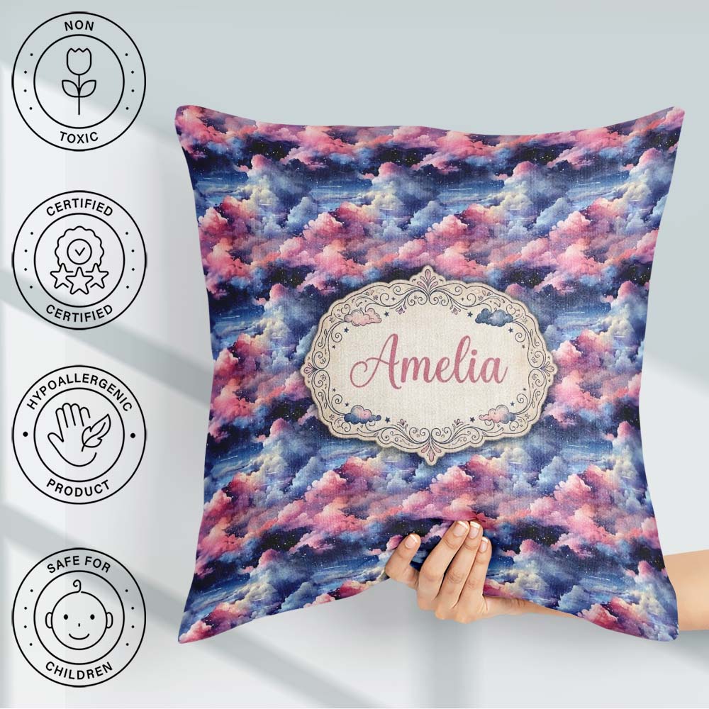 Custom Name Pink Blue Fantasy Night Clouds Sky Pattern Name Cute Square Filled Cushion Throw Pillow Sofa Bed Home Decor Zip Washable UK Made