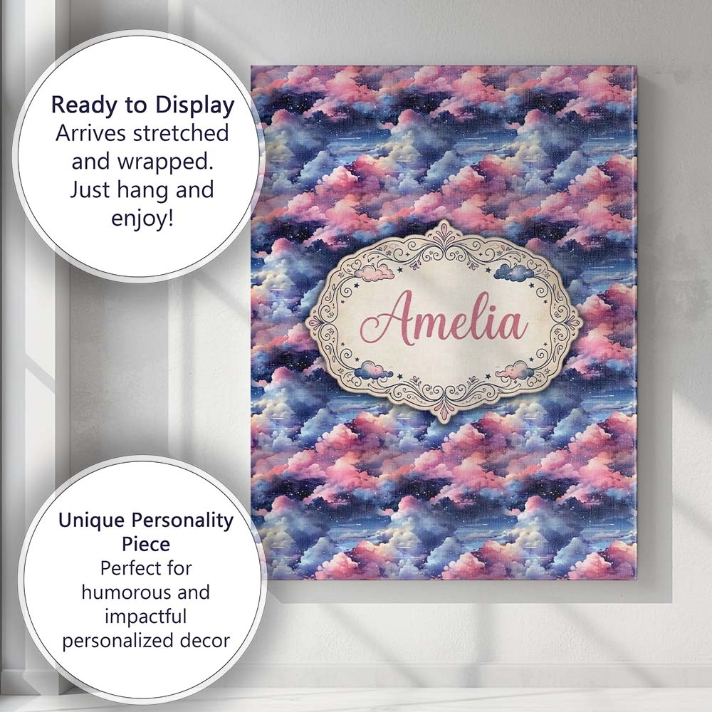 Personalised Name Pink Blue Fantasy Night Custom Unique Gift Idea Elegant Feature Canvas Wall Art Print Decor Picture Ready to Hang
