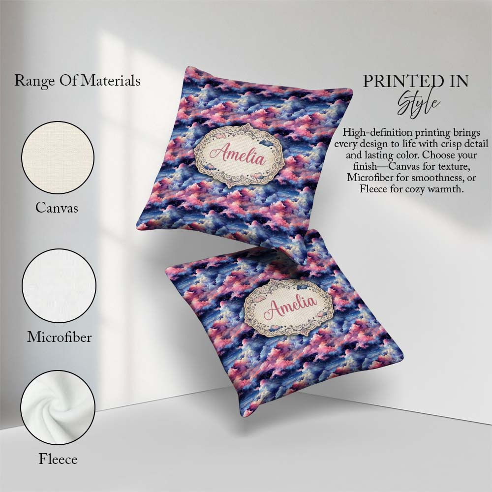 Custom Name Pink Blue Fantasy Night Clouds Sky Pattern Name Cute Square Filled Cushion Throw Pillow Sofa Bed Home Decor Zip Washable UK Made