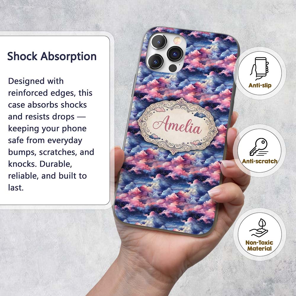 Pink Blue Fantasy Night Clouds Sky Printed Design Custom Name Protective Phone Case Mobile Cover Durable Everyday Smartphone Shock Resistant
