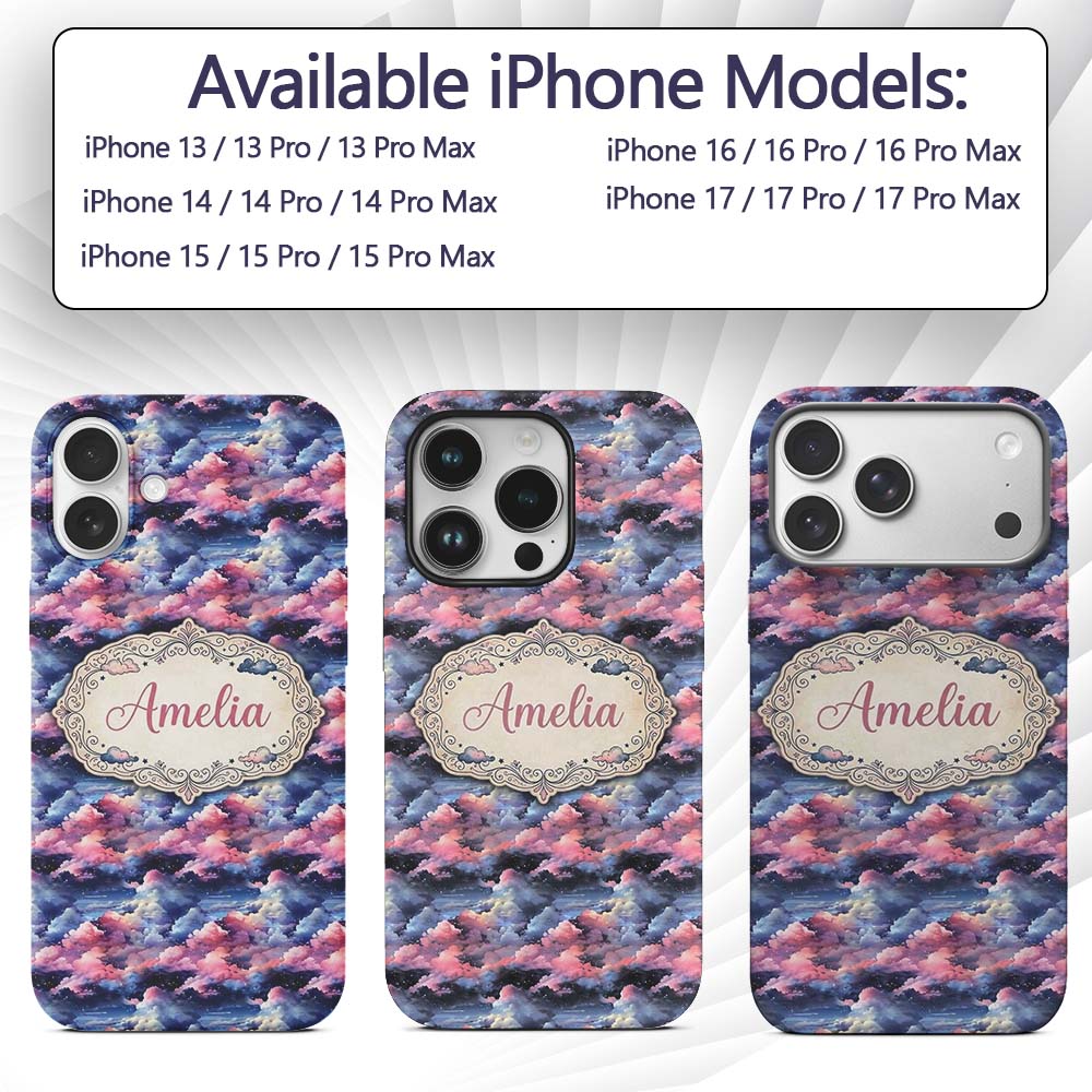 Pink Blue Fantasy Night Clouds Sky Printed Design Custom Name Protective Phone Case Mobile Cover Durable Everyday Smartphone Shock Resistant
