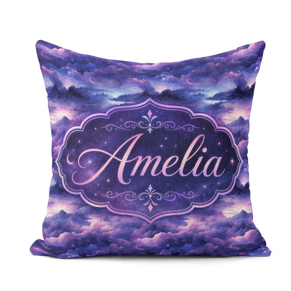 Custom Name Deep Purple Cosmic Clouds Night Sky Seamless Pattern Square Filled Cushion Throw Pillow Sofa Bed Home Decor Zip Washable UK Made
