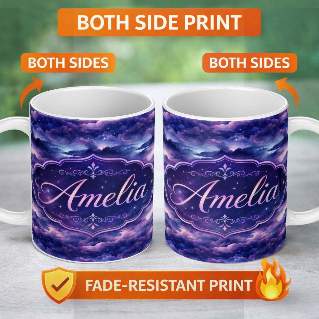 Personalized Custom Name Deep Purple Cosmic Clouds Night Sky Seamless Pattern Name Cute 11oz Ceramic Coffee Tea Mug White Large Handle