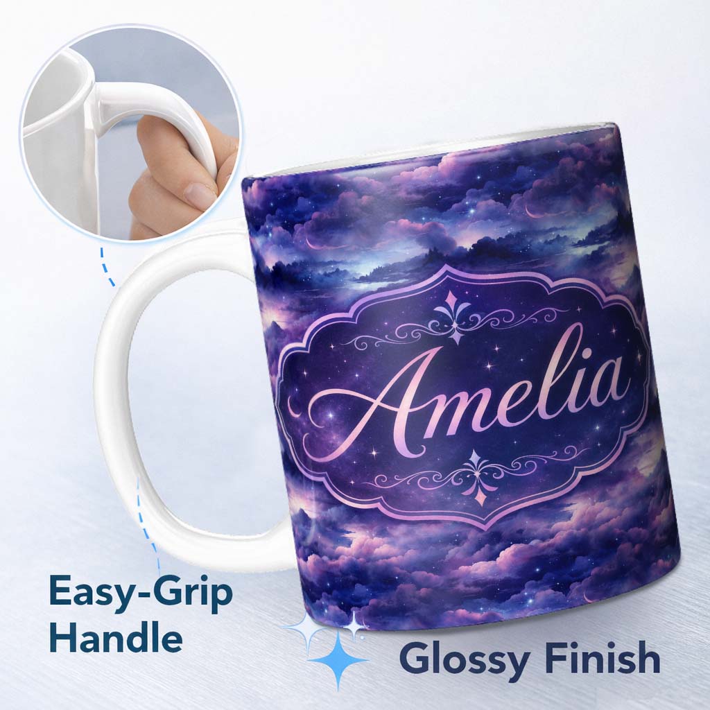 Personalized Custom Name Deep Purple Cosmic Clouds Night Sky Seamless Pattern Name Cute 11oz Ceramic Coffee Tea Mug White Large Handle