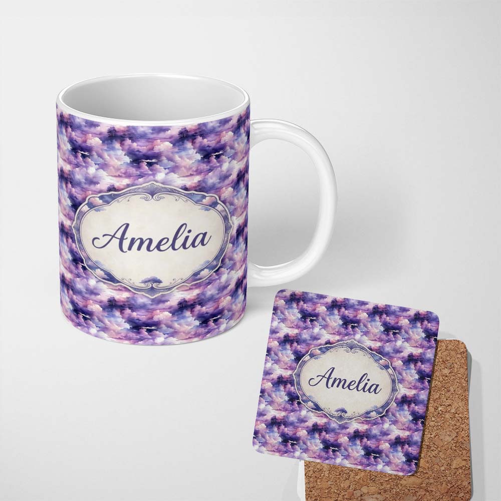 Personalized Custom Name Lavender Dream Clouds Landscape Seamless Pattern Name Cute Unique 11oz Ceramic Coffee Tea Mug White Large Handle