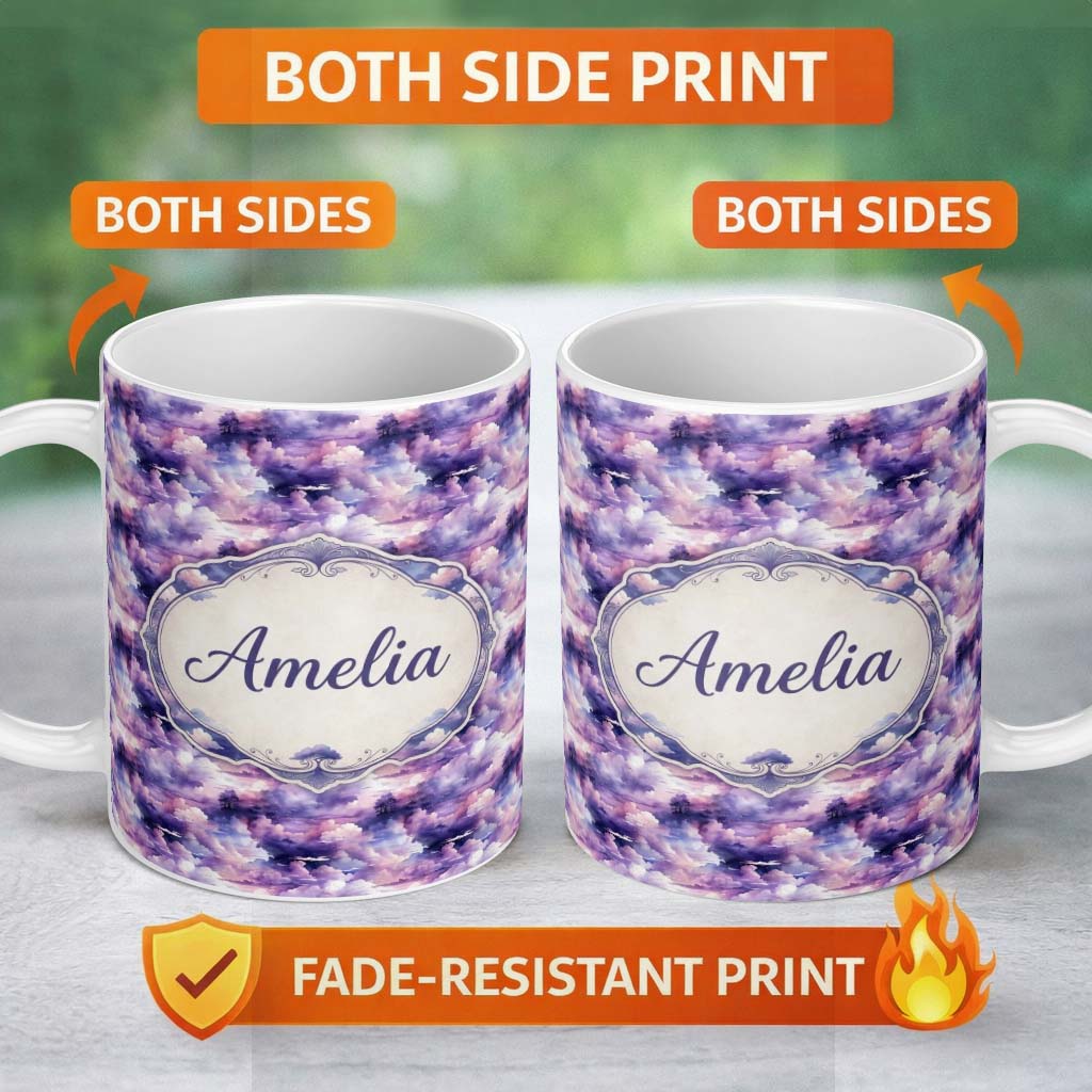 Personalized Custom Name Lavender Dream Clouds Landscape Seamless Pattern Name Cute Unique 11oz Ceramic Coffee Tea Mug White Large Handle