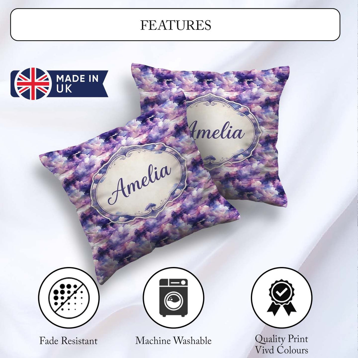 Custom Name Lavender Clouds Landscape Seamless Pattern Name Cute Square Filled Cushion Throw Pillow Sofa Bed Home Decor Zip Washable UK Made